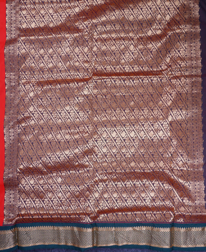 11 Yards Semi Silk Saree Dual Tone Red with Contrast Bottle Green Traditional Border