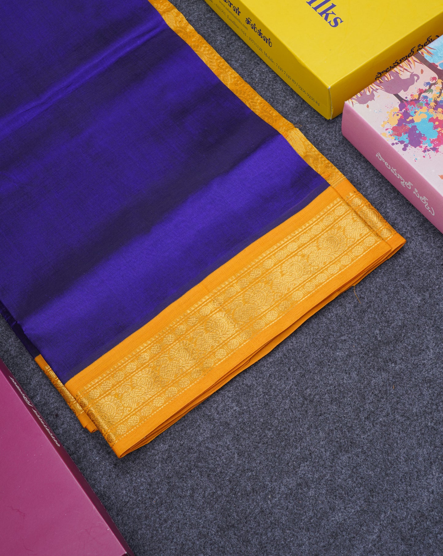 Violet Plain Pure Silk Cotton Saree With Contrast Mustard Yellow Traditional Border