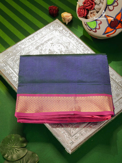 Dual Tone Peacock Blue Pure Silk Cotton Saree With Pink Border
