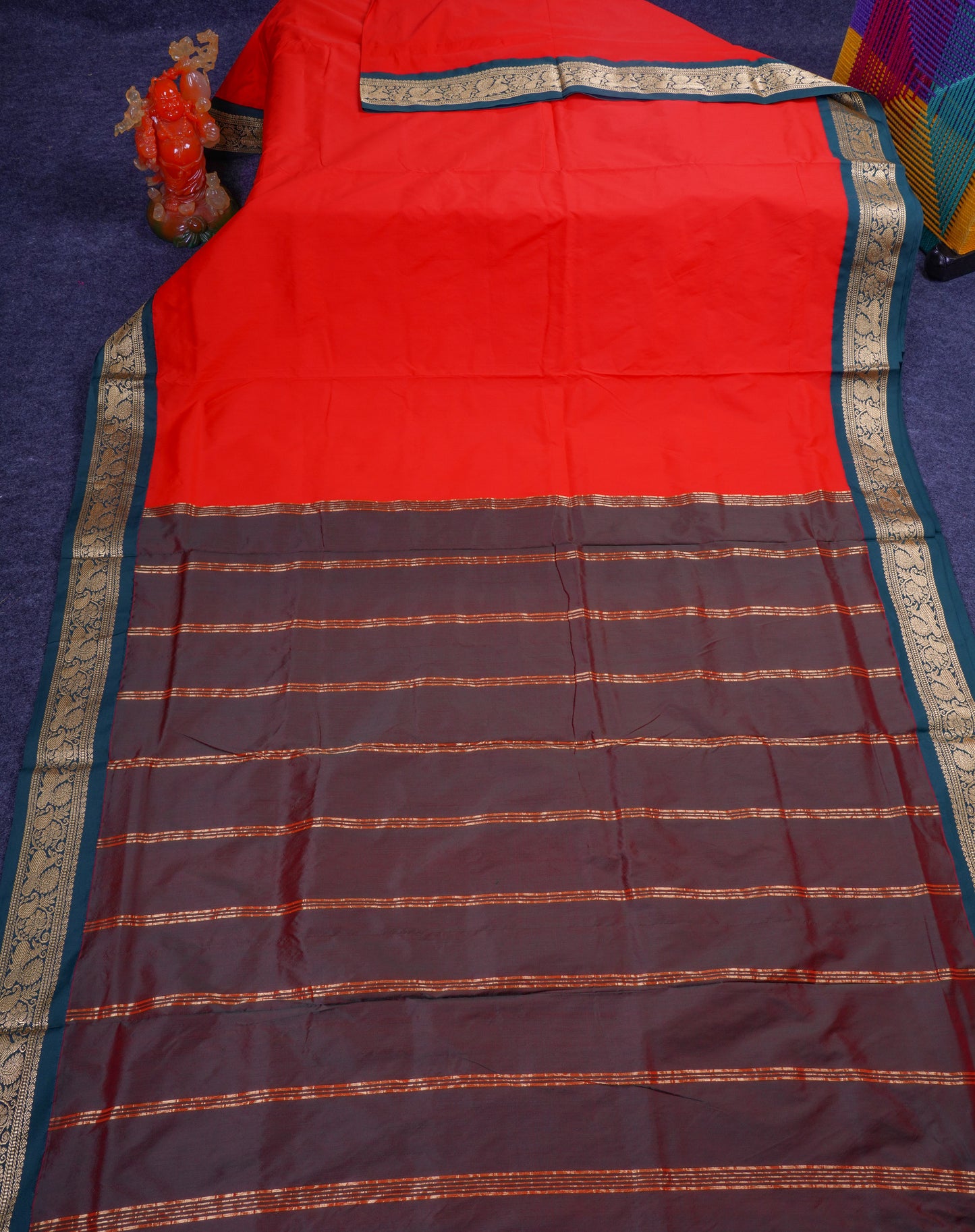 11 Yards Semi Silk Saree Chilly Red with Contrast Bottle Green Traditional Border