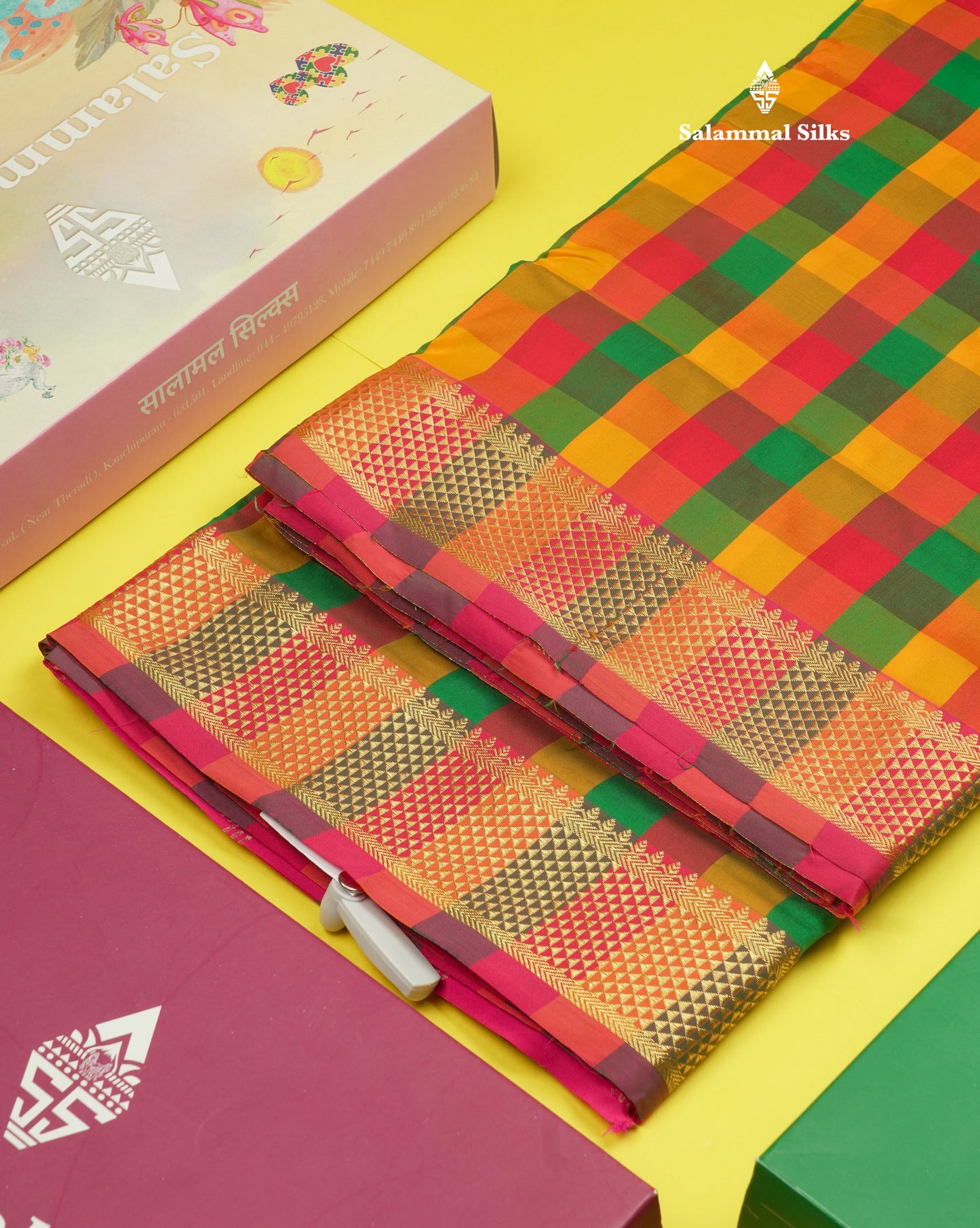 9.5 Yards Semi Silk Saree Multicolour Checks with Self Border