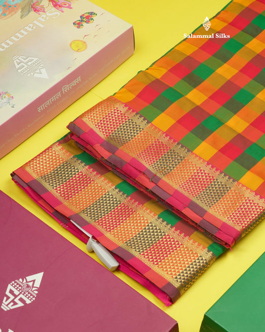 9.5 Yards Semi Silk Saree Multicolour Checks with Self Border