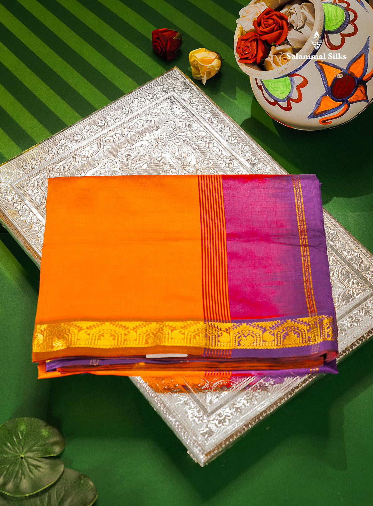 Orange Semi Silk Cotton Saree With Traditional Small Border