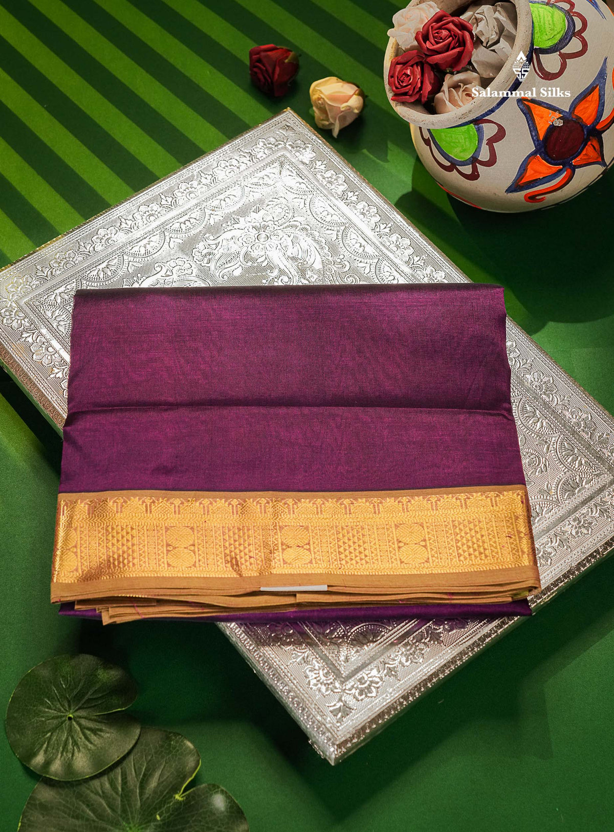Dark Purple Pure Silk Cotton Saree With Traditional Border