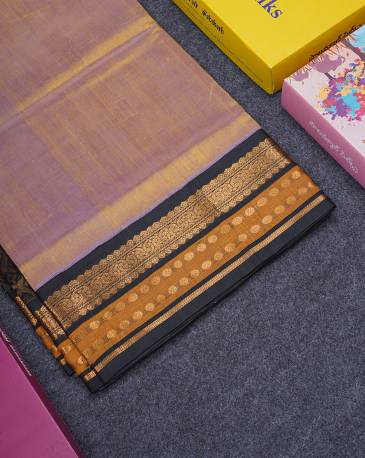 Dual Tone Sandal & Violet Pure Silk Cotton Saree With Contrast Black Traditional Border