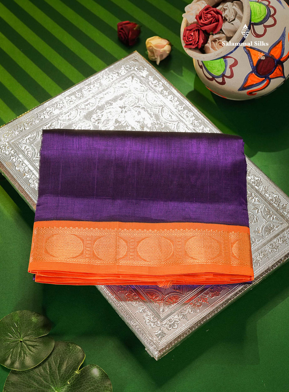 Purple Pure Silk Cotton Saree With Contrast Orange Border
