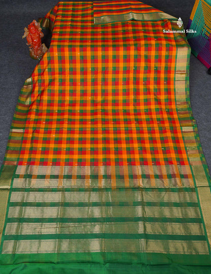 Pure Silk Cotton Saree - Paalum Pazham Checks With Traditional Border | 10 Yards