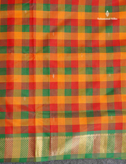 Pure Silk Cotton Saree - Paalum Pazham Checks With Traditional Border | 10 Yards