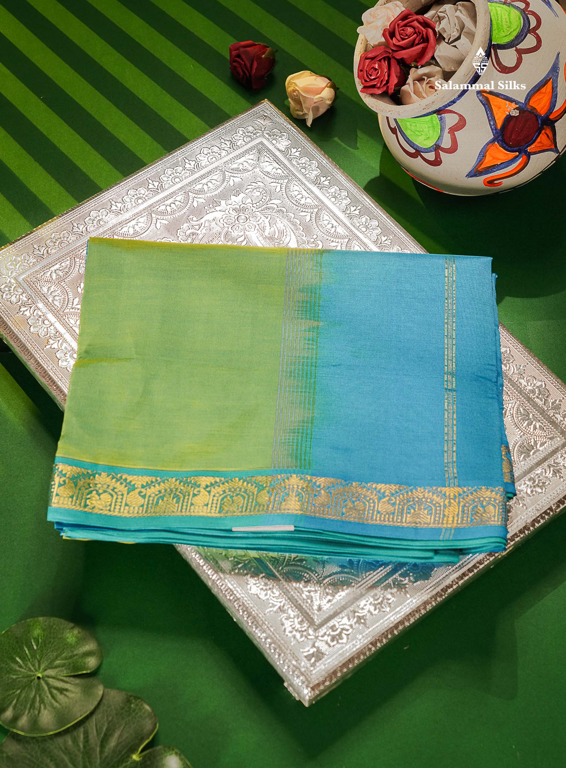Sapphire Green Semi Silk Cotton Saree With Traditional Small Border
