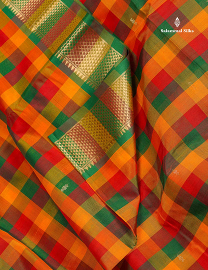 Pure Silk Cotton Saree - Paalum Pazham Checks With Traditional Border | 10 Yards