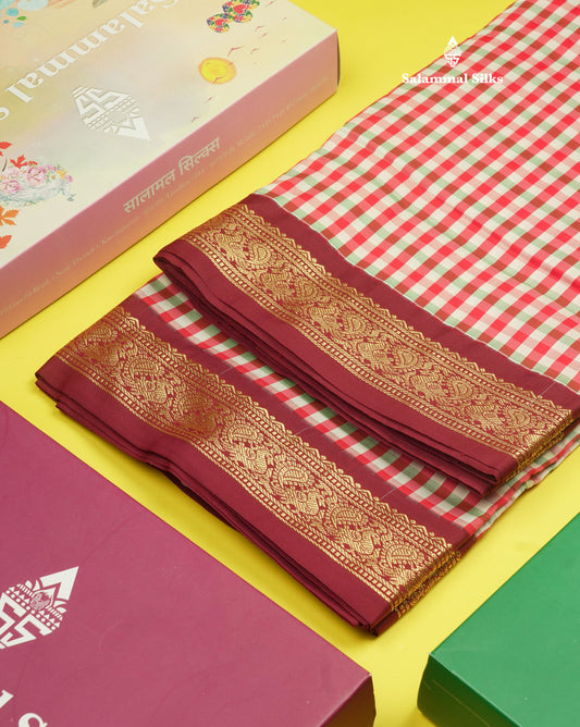 9.5 Yards Semi Silk Saree Multicolour Checks with Maroon Border