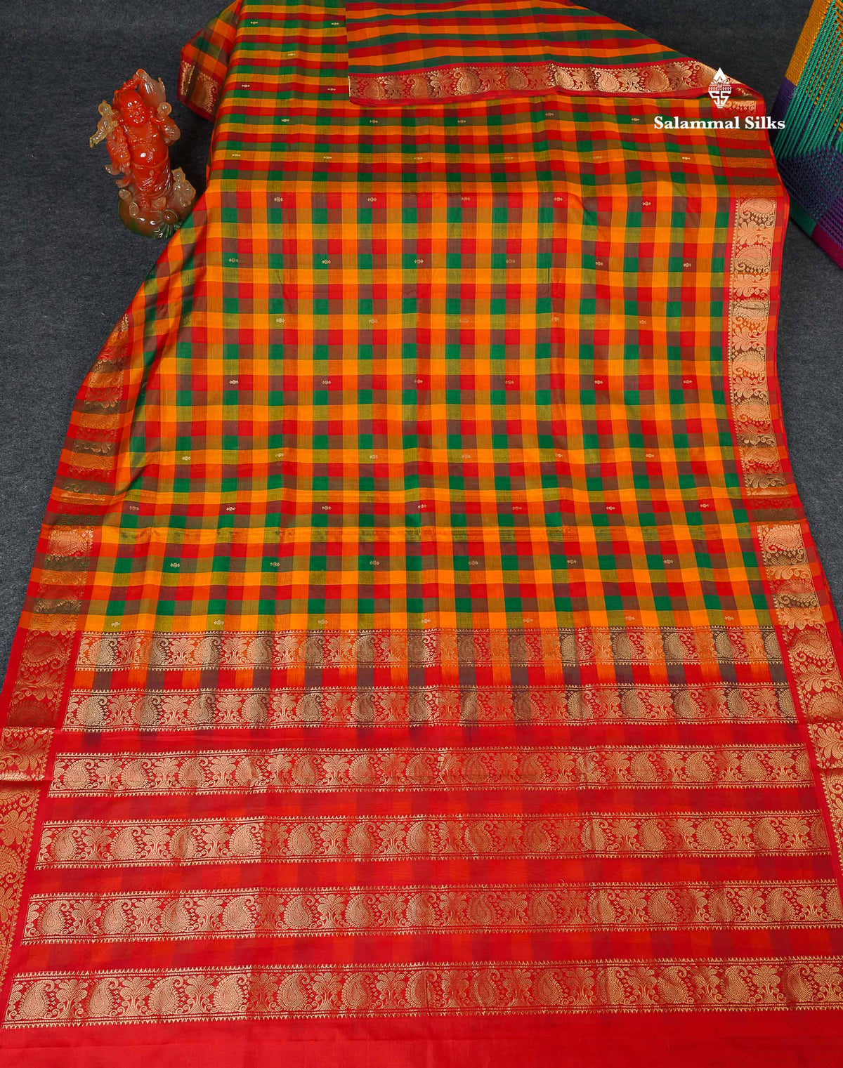 Pure Silk Cotton Saree - Paalum Pazham Checks With Red Border | 10 Yards 