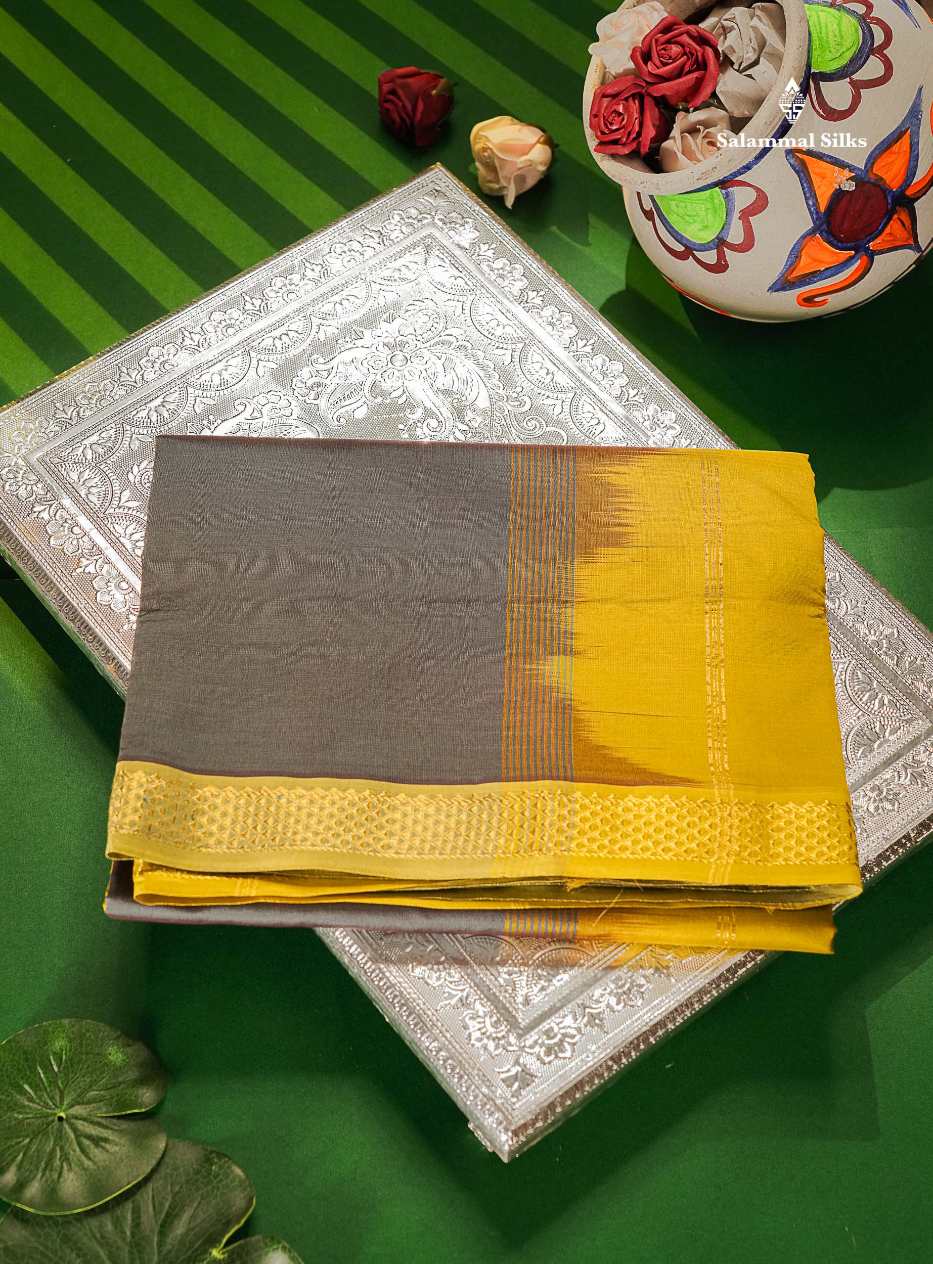 Dual Tone Grey Semi Silk Cotton Saree With Small Border