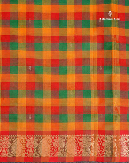 Pure Silk Cotton Saree - Paalum Pazham Checks With Red Border | 10 Yards