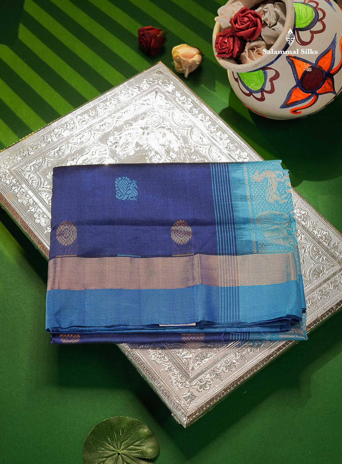 Semi Silk Cotton Saree - Navy Blue Colour Body With Zari & Thread Butta