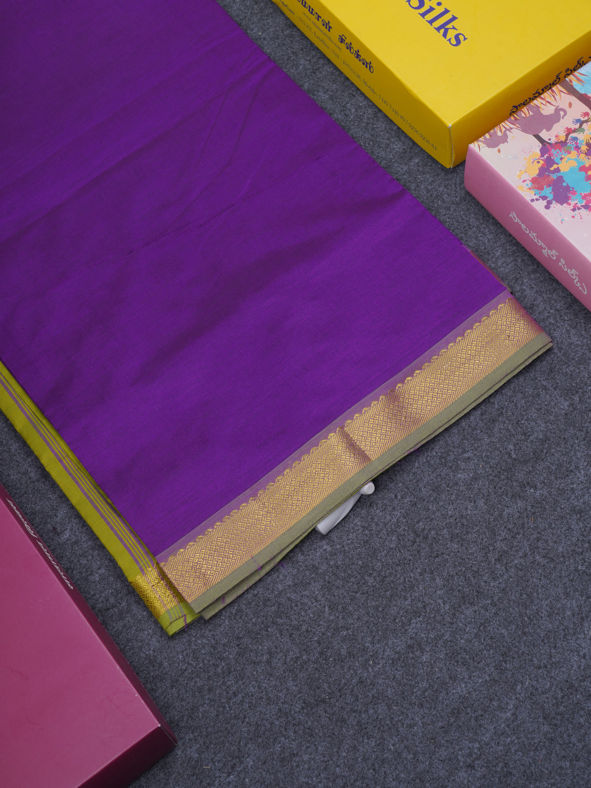Beautiful Dark Purple Plain Semi Silk Cotton Saree With Contrast Olive Green Blouse