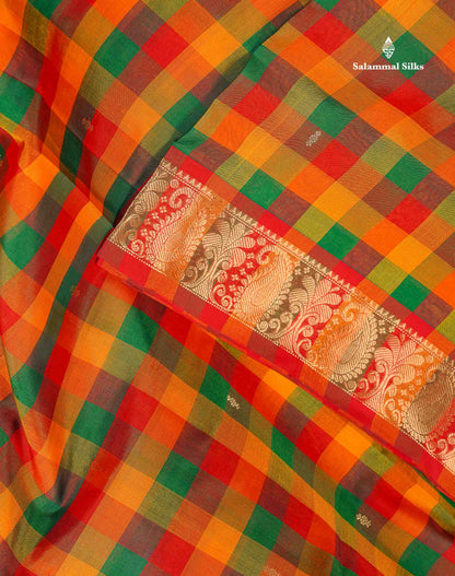 Pure Silk Cotton Saree - Paalum Pazham Checks With Red Border | 10 Yards