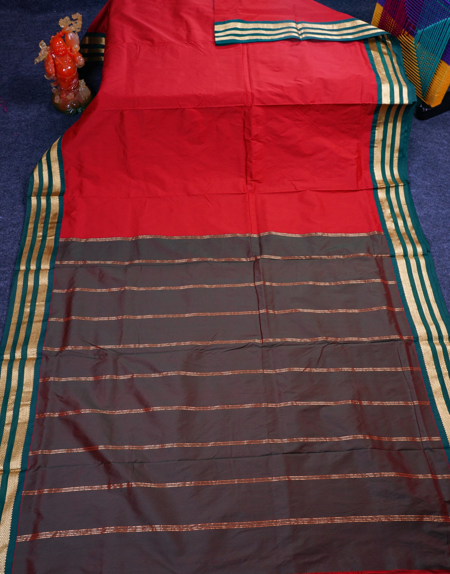 9.5 Yards Semi Silk Saree Maroon with Contrast Bottle Green Traditional Border