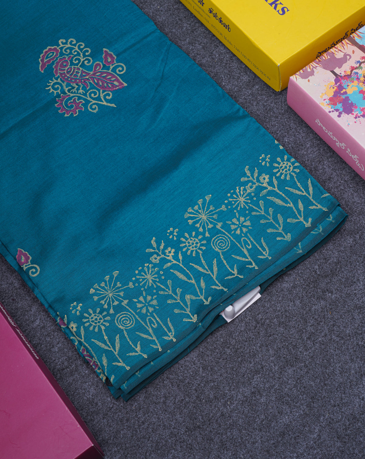 Beautiful Peacock Green South Cotton Printed Saree With Contrast Grey White Blouse