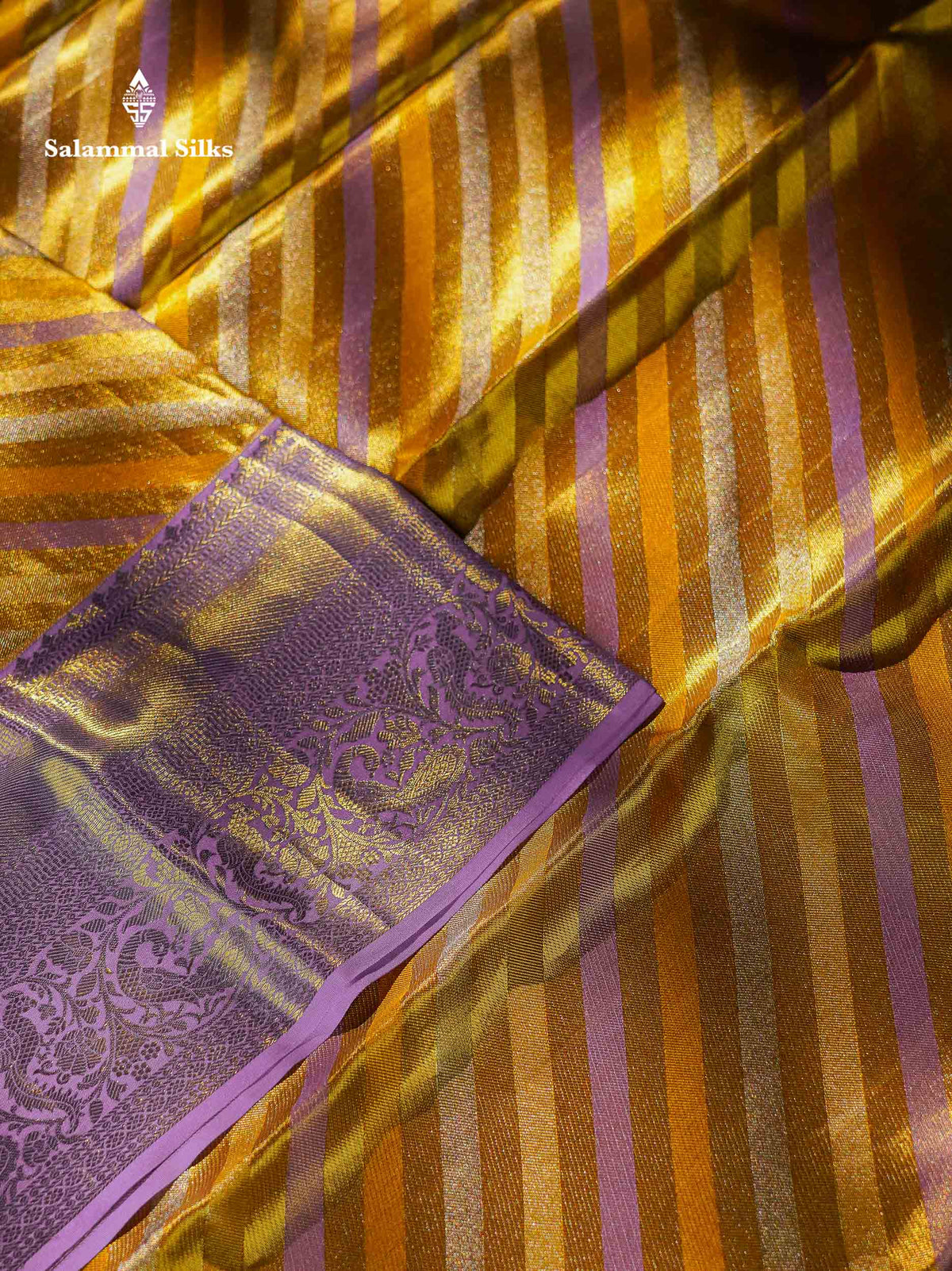 Beautiful Gold Tissue Pure Kanjivaram Silk Saree With Contrast Lavender Traditional Evening Morning Border