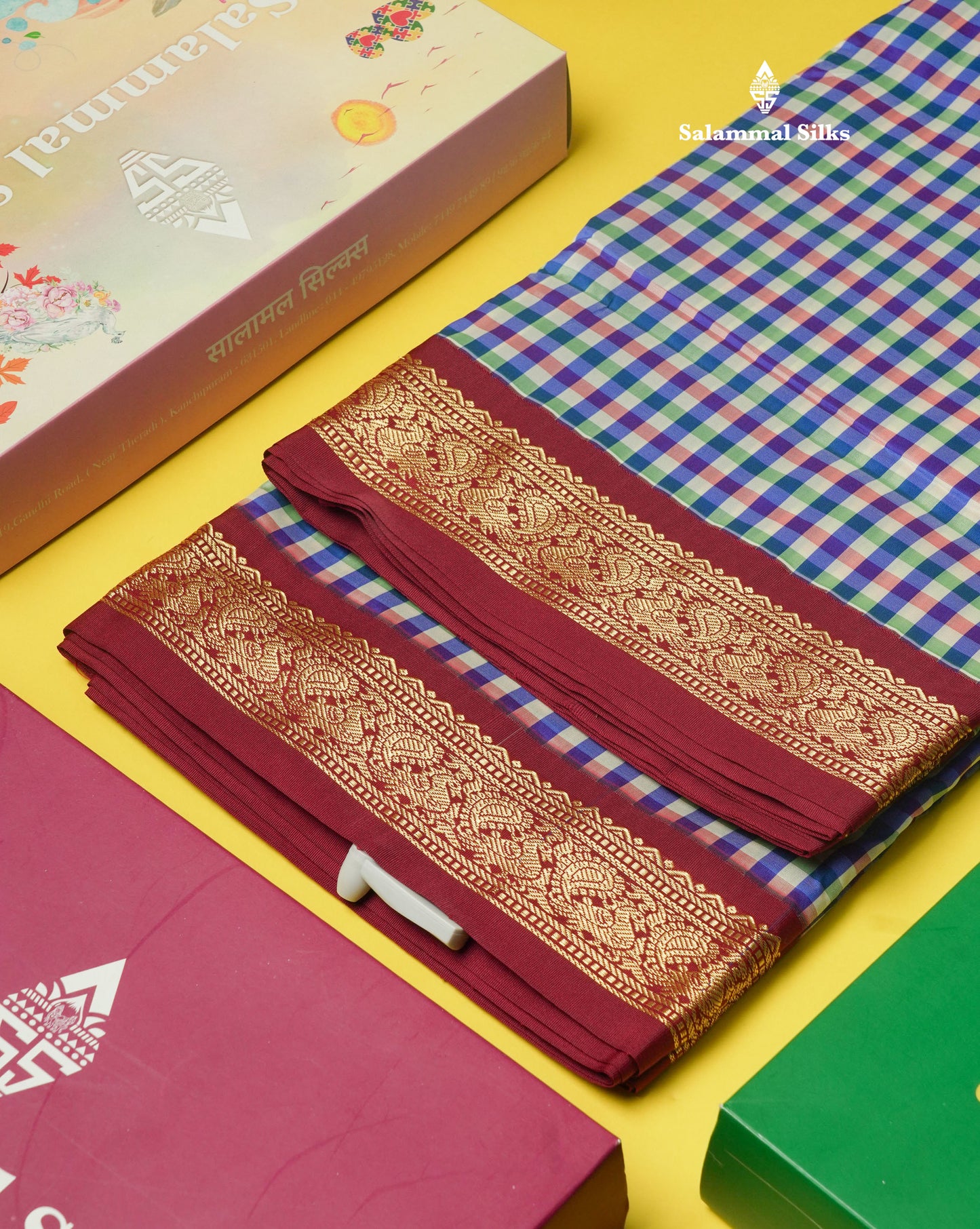 9.5 Yards Semi Silk Saree Multicolour Checks with Maroon Border