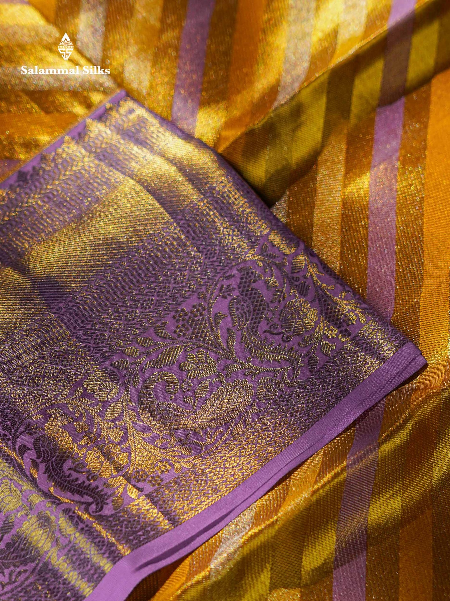 Beautiful Gold Tissue Pure Kanjivaram Silk Saree With Contrast Lavender Traditional Evening Morning Border