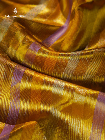 Beautiful Gold Tissue Pure Kanjivaram Silk Saree With Contrast Lavender Traditional Evening Morning Border