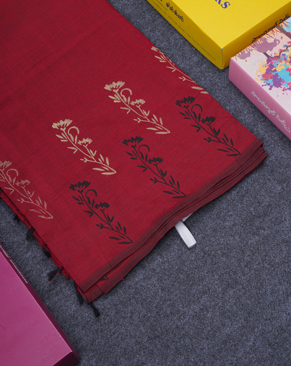 Beautiful Dark Maroon South Cotton Printed Saree With Contrast Sandal Blouse
