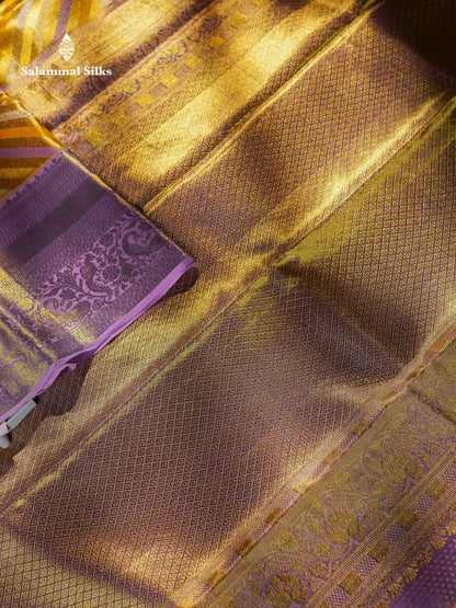 Beautiful Gold Tissue Pure Kanjivaram Silk Saree With Contrast Lavender Traditional Evening Morning Border