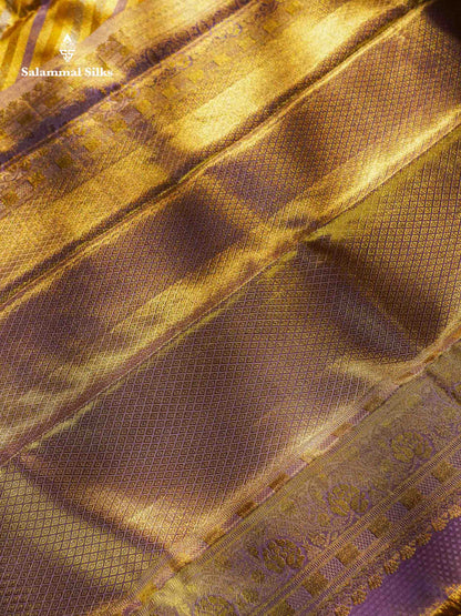 Beautiful Gold Tissue Pure Kanjivaram Silk Saree With Contrast Lavender Traditional Evening Morning Border
