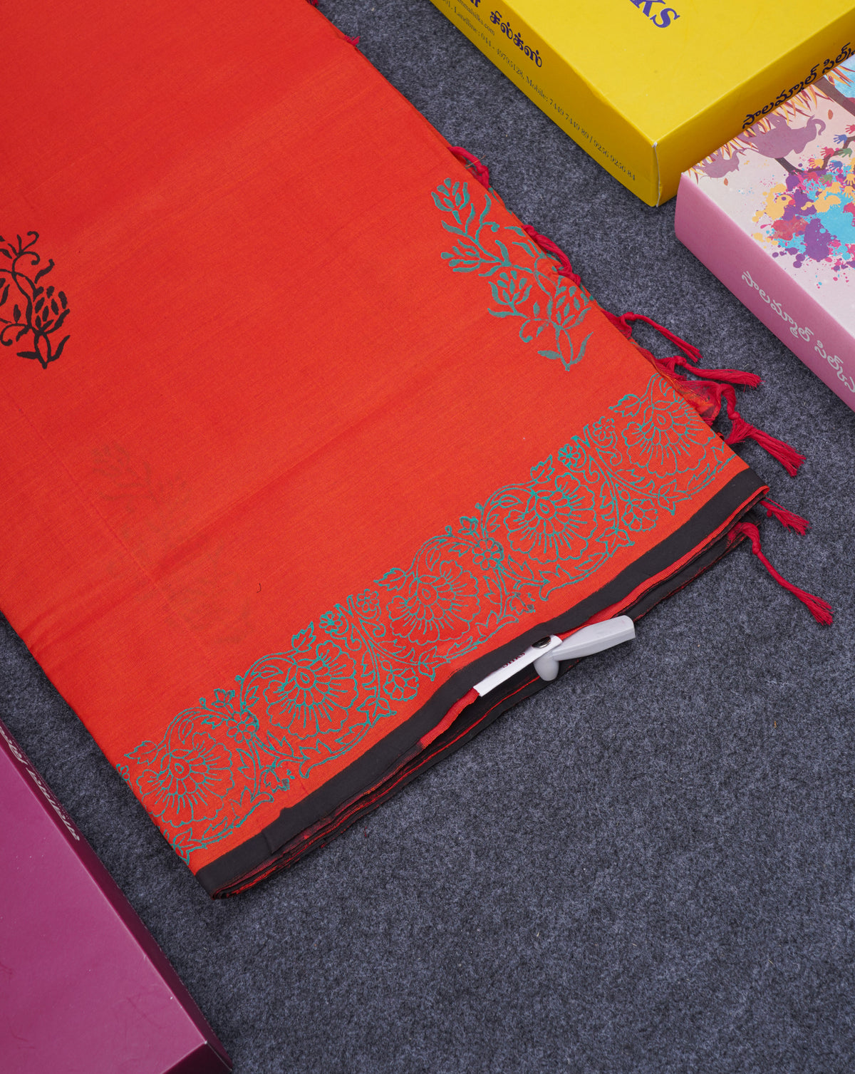 Beautiful Orange South Cotton Printed Saree With Contrast Black Blouse