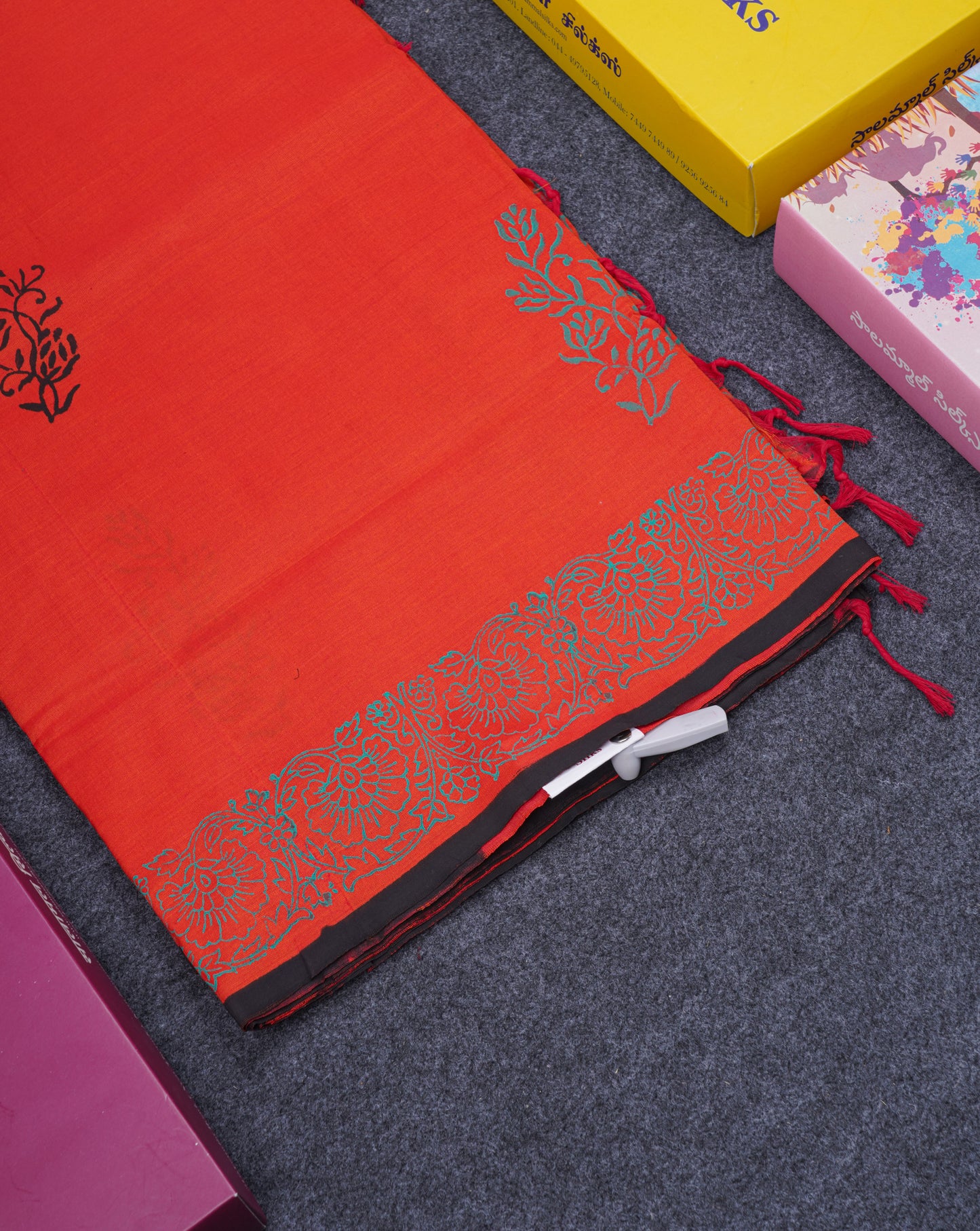 Beautiful Orange South Cotton Printed Saree With Contrast Black Blouse