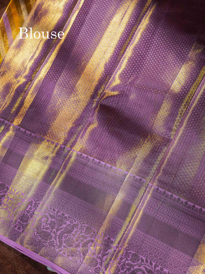 Beautiful Gold Tissue Pure Kanjivaram Silk Saree With Contrast Lavender Traditional Evening Morning Border