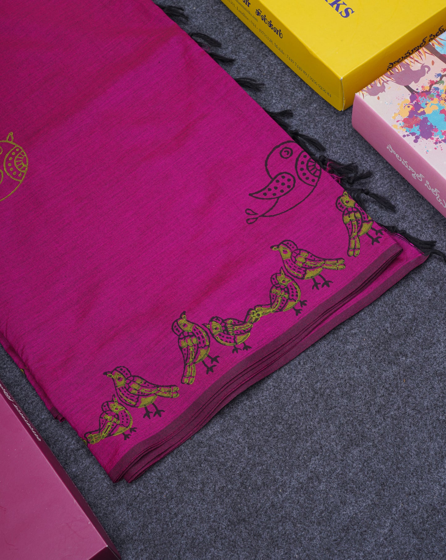 Magenta Pink South Cotton Printed Saree With Contrast Cream Green Blouse