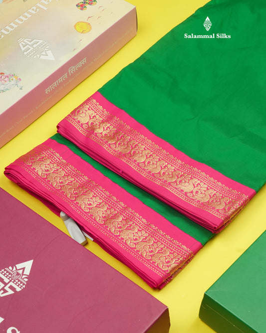 9.5 Yards Semi Silk Saree Bottle Green with Contrast Pink Border