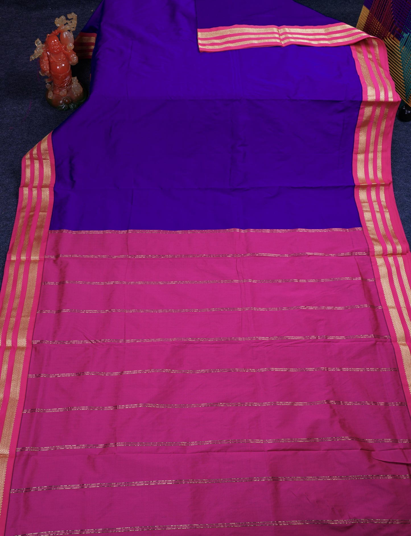 9.5 Yards Semi Silk Saree Violet with Contrast Pink Traditional Border