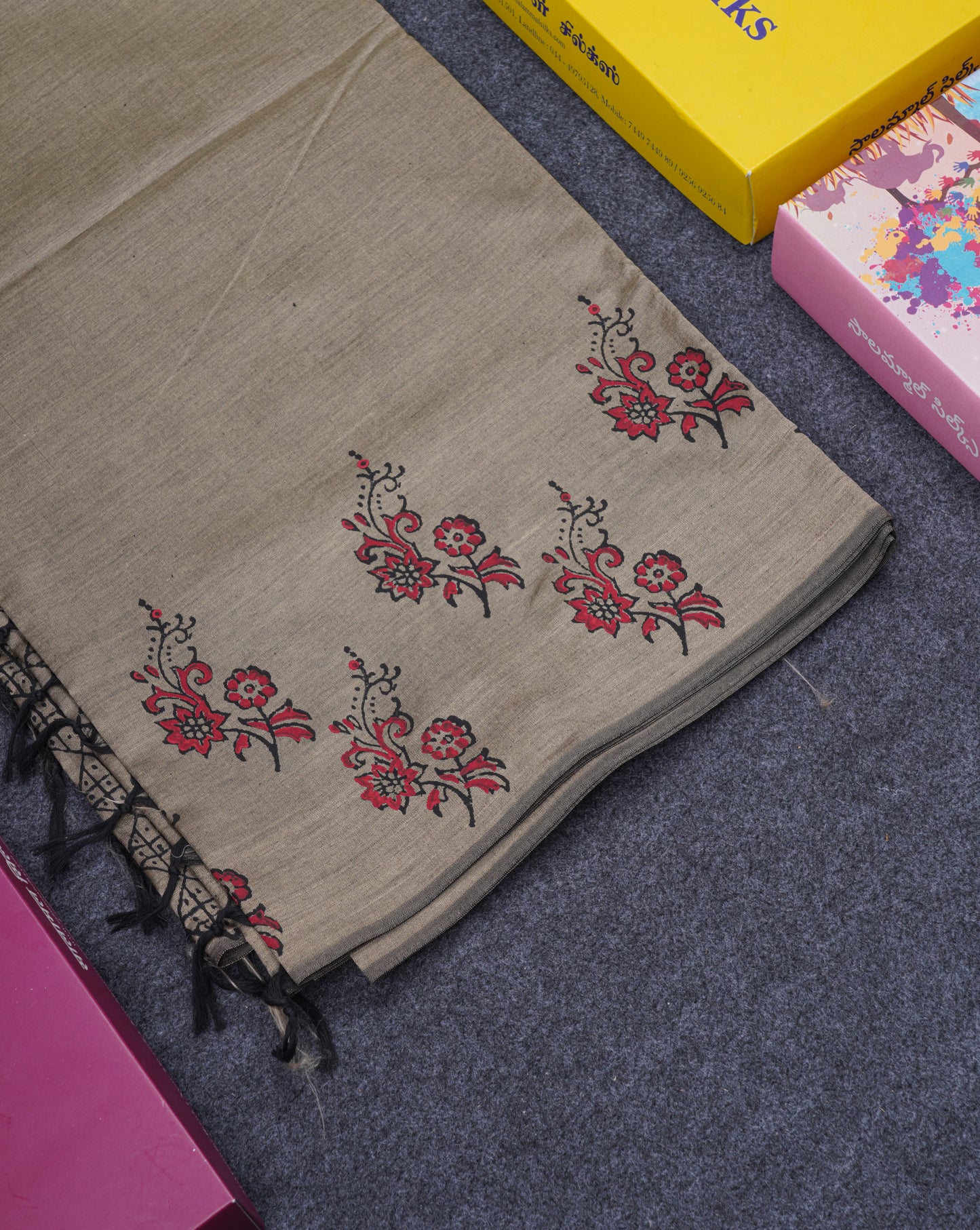 Cream Sandal South Cotton Printed Saree With Contrast Maroon Blouse