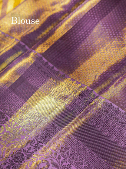 Beautiful Gold Tissue Pure Kanjivaram Silk Saree With Contrast Lavender Traditional Evening Morning Border