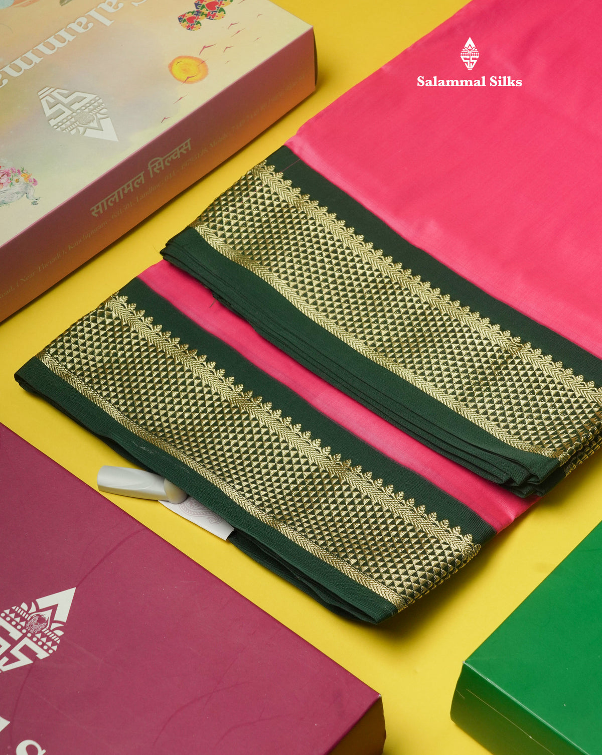 9.5 Yards Semi Silk Saree Pink with Contrast Bottle Green Border