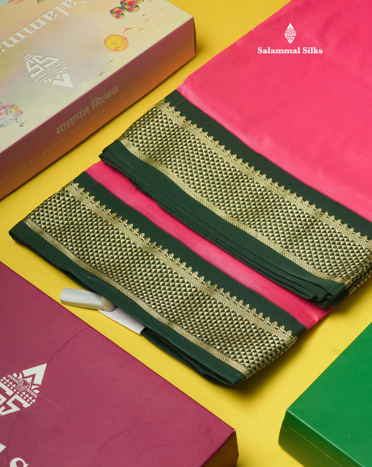 9.5 Yards Semi Silk Saree Pink with Contrast Bottle Green Border