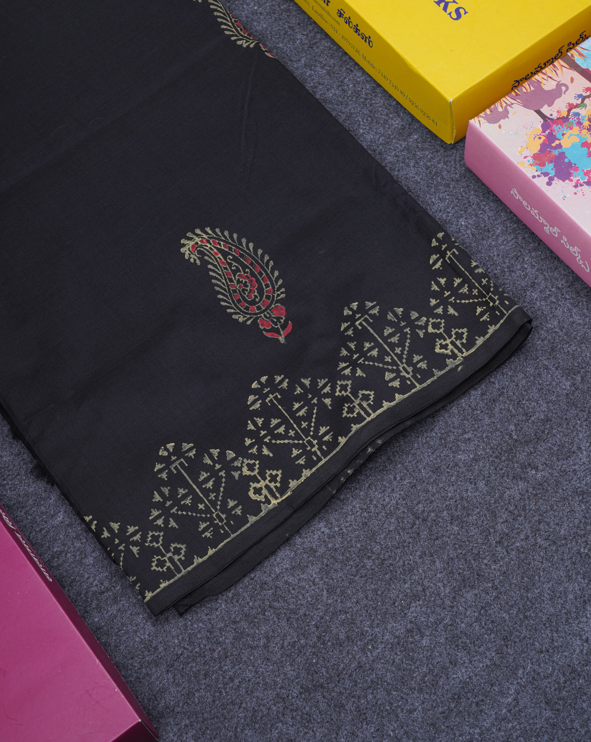 Black South Cotton Printed Saree With Contrast Grey White Blouse