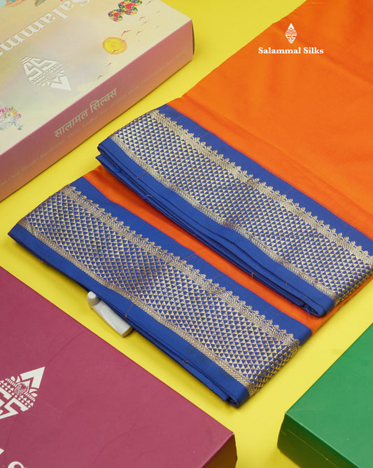 9.5 Yards Semi Silk Saree Rust Orange with Contrast Royal Blue Border