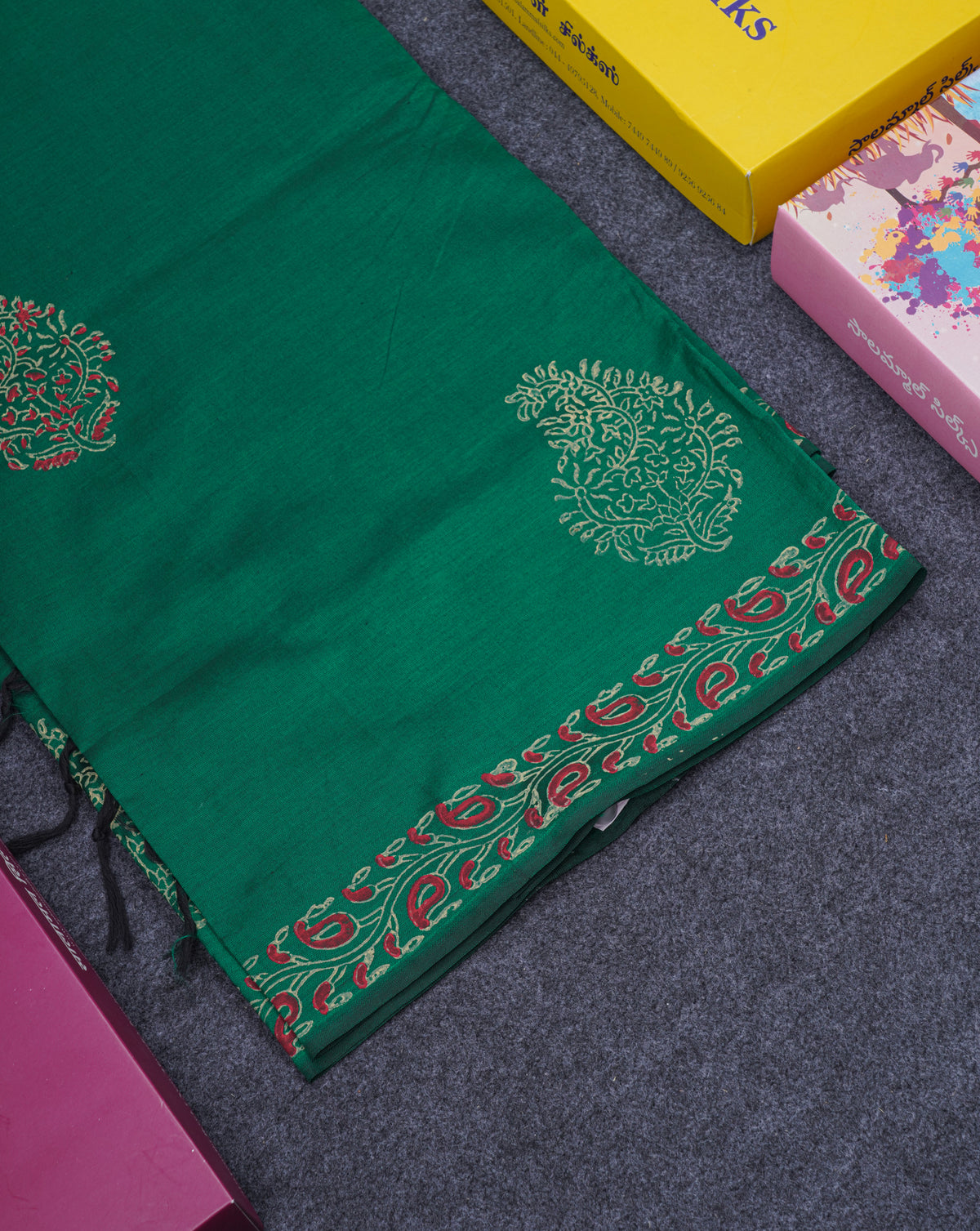 Saffire Green South Cotton Printed Saree With Contrast Cream Sandal Blouse