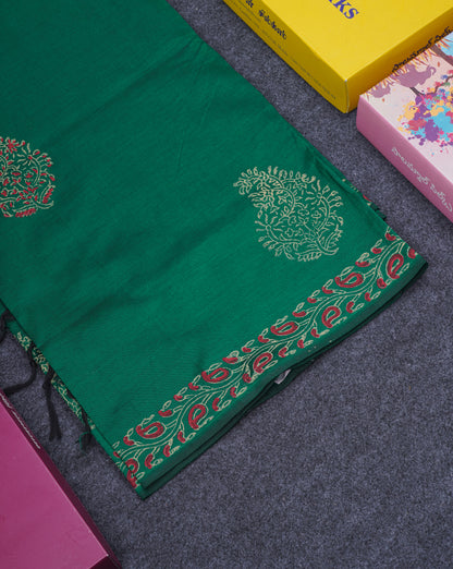 Saffire Green South Cotton Printed Saree With Contrast Cream Sandal Blouse