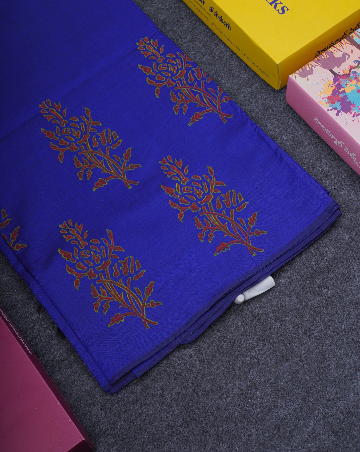Royal Blue South Cotton Printed Saree With Contrast Parrot Green Blouse