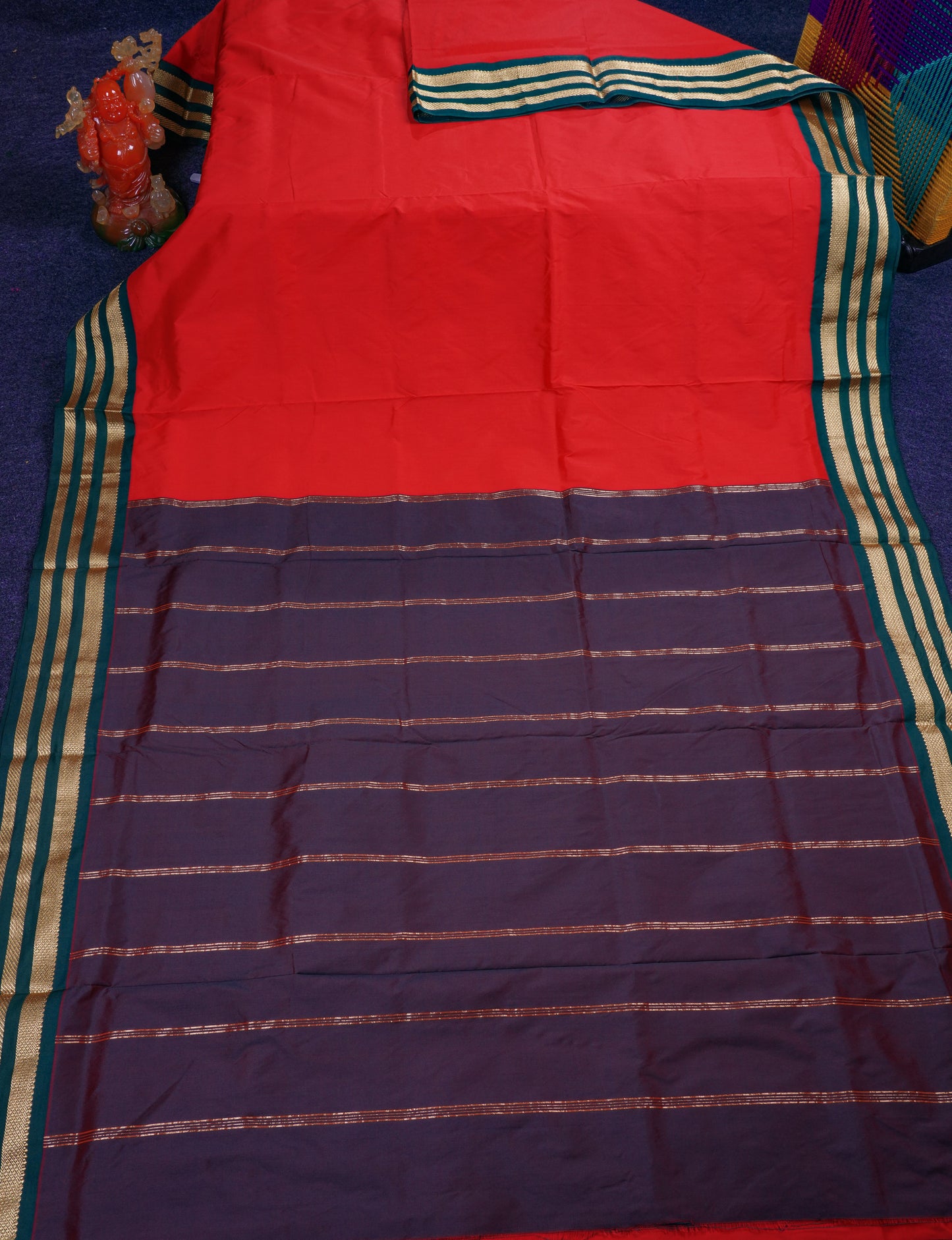 9.5 Yards Semi Silk Saree Red with Contrast Bottle Green Traditional Border