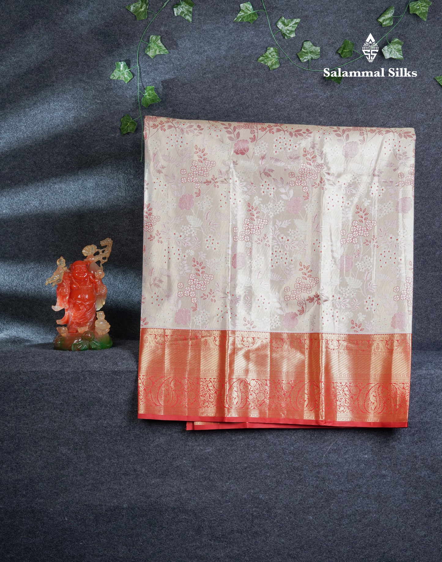 Semi Silk Pattu Pavadai Tissue (Cream) With Contrast Chilly Red  Blouse 45"