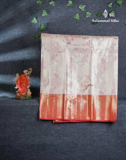 Semi Silk Pattu Pavadai Tissue (Cream) With Contrast Chilly Red  Blouse 45"