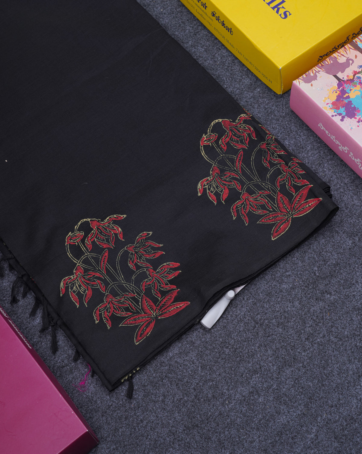 Black South Cotton Printed Saree With Contrast Grey White Blouse