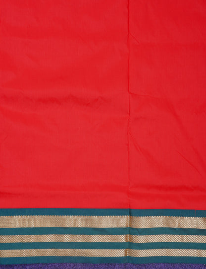9.5 Yards Semi Silk Saree Red with Contrast Bottle Green Traditional Border